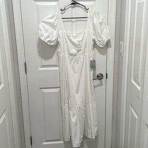 ASTR the Label Poplin Puff Sleeve Tiered Midi Dress White - Size XL NWT